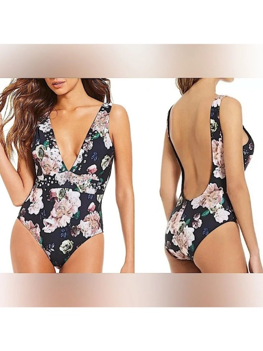 NEW Gianni Bini Plunge One-Piece Swimsuit Midnight Garden Floral Sz L - Picture 2 of 11